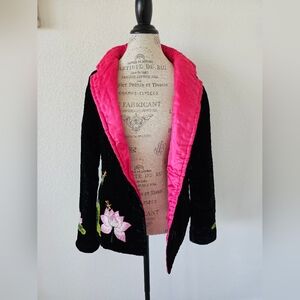 Black and Hot Pink Velvet Pink Lotus Embroidered Hot Pink Lined Women's Jacket